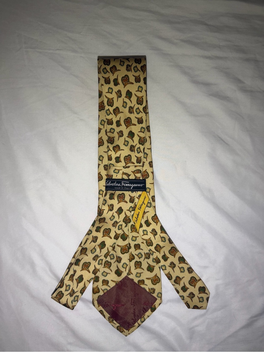 Salvatore Ferragamo Cream Paisley Silk Tie with Green & Brown Accents